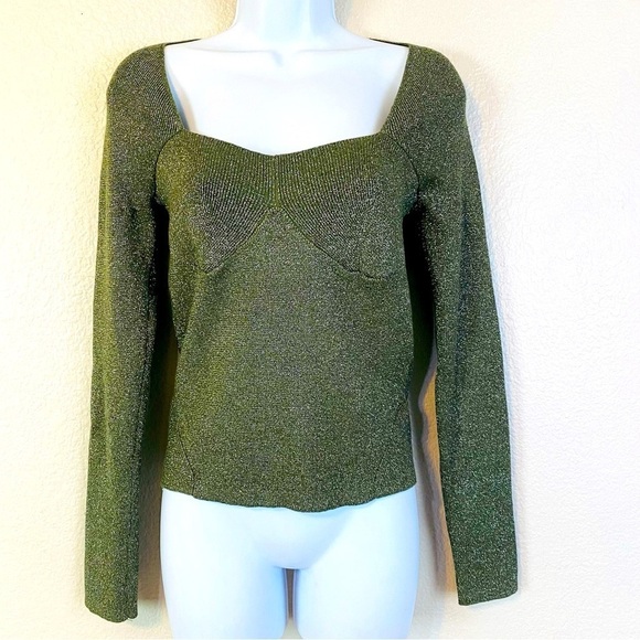 House Of Harlow 1960 Silver Metallic Shimmer Moss Green Stretch Knit Top Size L - Picture 1 of 11